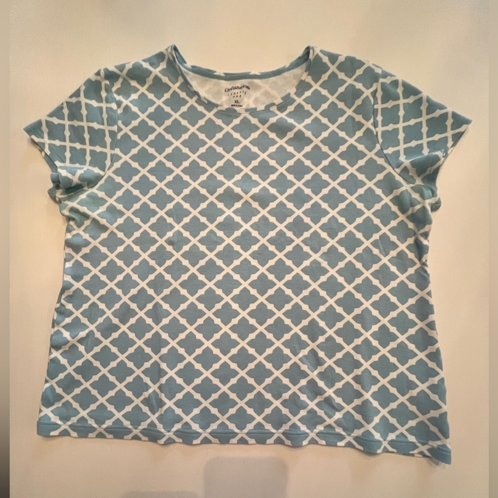 CROFT & BARROW CLASSIC CREW NECK TEE SHIRT SIZE XL  LIGHT BLUE/WHITE PATTERN TOP
